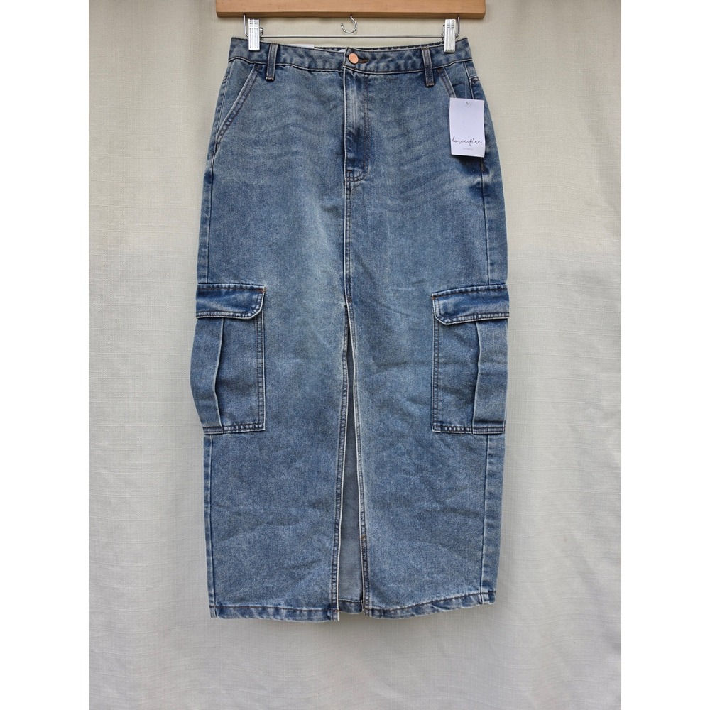 Love Fire Blue Denim Cargo Maxi Skirt Front Slit Size 9 MXB030910